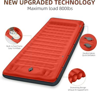 Надувний килимок для кемпінгу з інтегрованим насосом та подушкою, 12.7 см, компактний, для подорожей, туризму та відпочинку на природі (Оранжево-Чорний)
