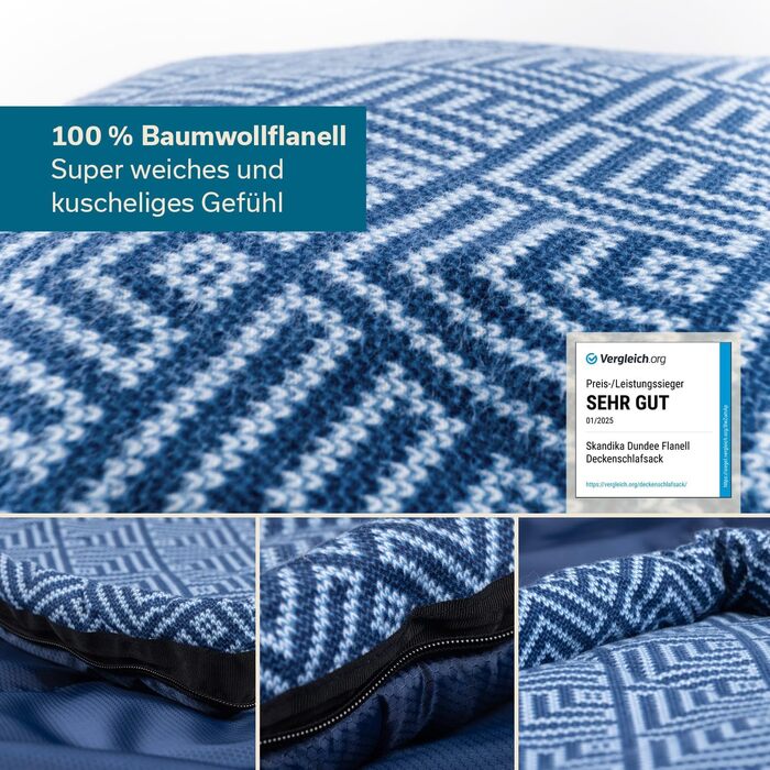 Спальний мішок Skandika Dundee Flanell з бавовни, преміум-якість, з'єднується, двомісний, 3 сезони, до -20°C, 220 x 80/160 см, для кемпінгу та відпочинку на природі (індиго + подушка)