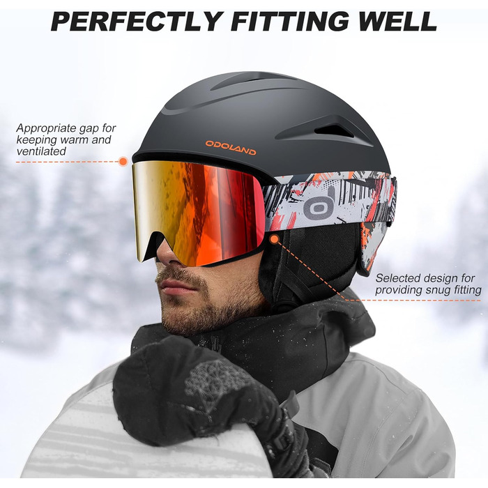 Шолом для сноуборду та лиж Odoland з маскою: захист UV 400, чорний + помаранчевий, розмір L (60-61 см)