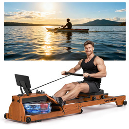 Гребний тренажер Wenoker для дому з дерева, складаний, з Bluetooth, комфортне сидіння, подвійні направляючі, до 150 кг, натуральний дуб