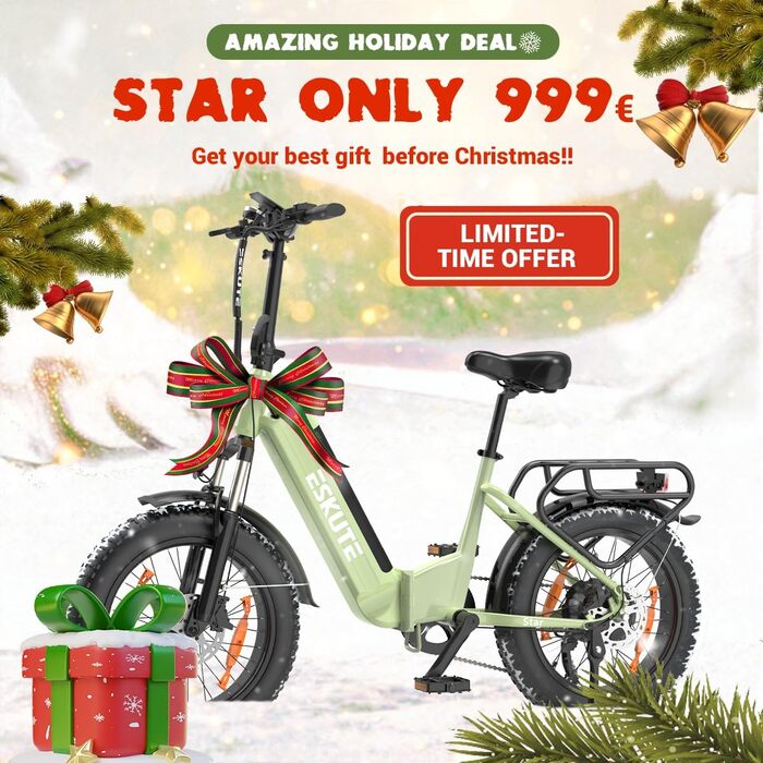 Електровелосипед ESKUTE Star, складаний, 20 дюймів, Fat Tire, 36V 25Ah, до 120 км, алюмінієвий, 7 швидкостей, для чоловіків і жінок, MTB, для пляжу та снігу