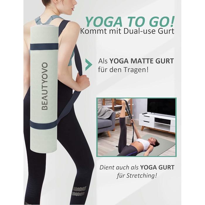 Килимок для йоги з неслизьким покриттям та ручкою, 6|8 мм товщина, фітнес килимок для занять спортом вдома та на вулиці, чорний та сірий