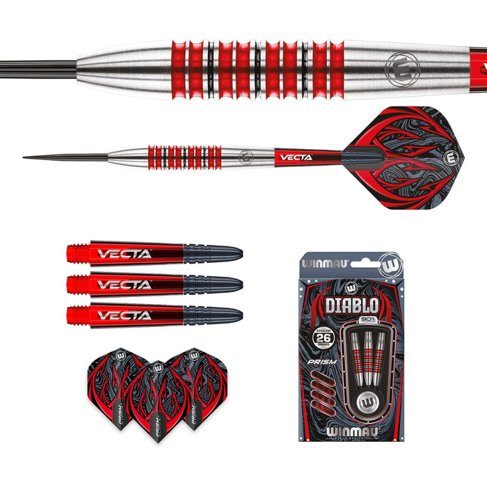 Дротики для дартсу WINMAU Diablo 26 г, сталева вістря, вольфрам, з оперенням та стержнями, професійні