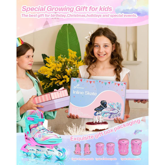 Дитячі ролики Sportneer з регулюванням 30-41, комплект з 6 захисниками та LED, рожевий, EU 34-37