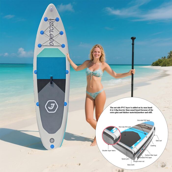 Надувний SUP Board JOOLOOG Stand Up Paddle Board 300 кг, 6 дюймів товщини, з аксесуарами для веслування для дорослих та підлітків, довжина 10'2/10'5', 320 x 81 x 15 см, зелено-сірий колір (білий/чорний з сидінням)