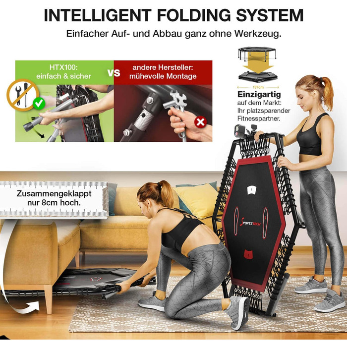 Трамплін Sportstech HTX100, складний | Німецька якість | Фітнес-трамплін з ручкою | Для дітей та дорослих | ТУВ/GS, лічильник стрибків, APP HTX100 -05