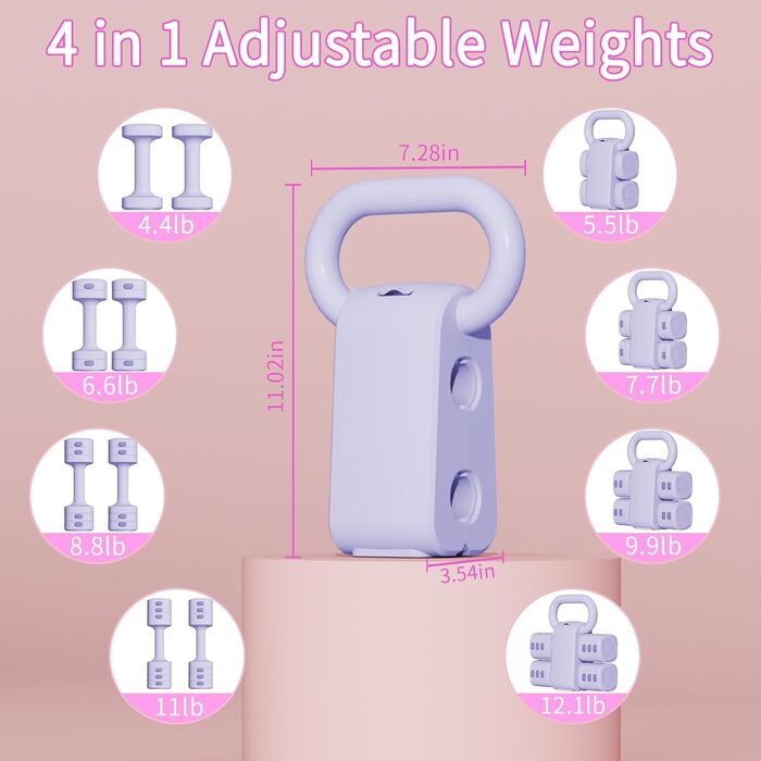 Регульований набір гантелей з кулькою, 4 в 1, 2.5-5.5 кг для жінок, тренування вдома, фітнес, зелений/фіолетовий
