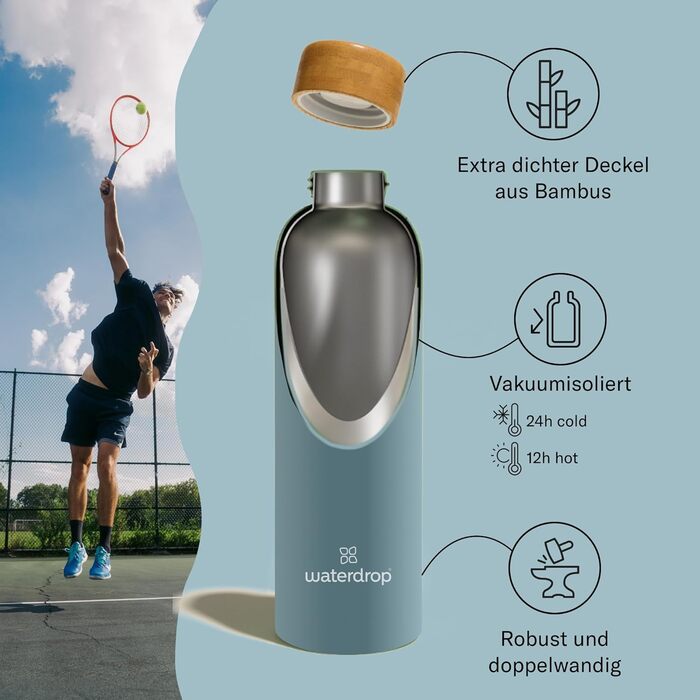 Термос пляшка waterdrop® 600 мл, сталева, ізольована, подвійні стінки, не протікає, для газованої води, бірюзова матова