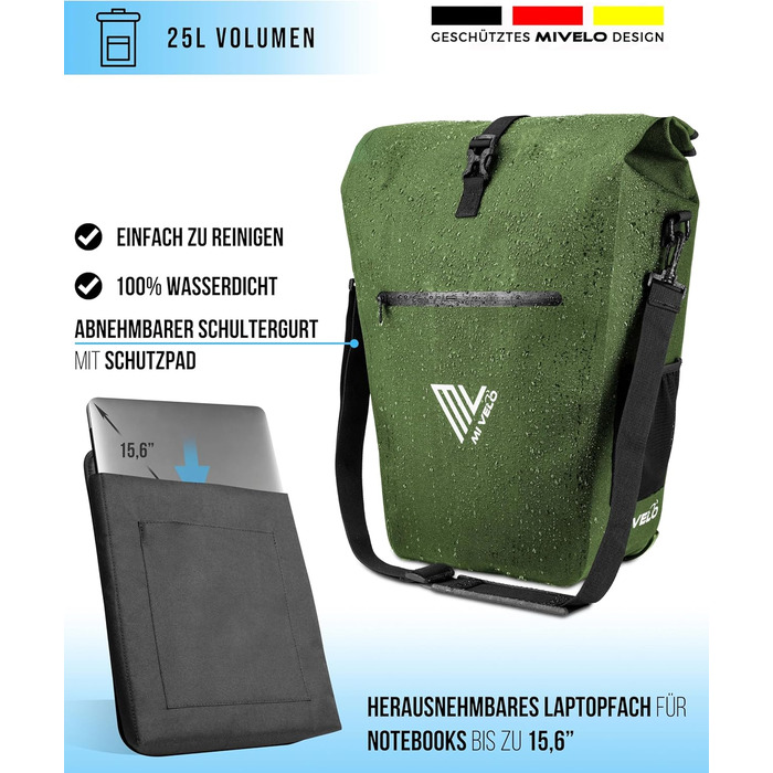 MIVELO 2-в-1 велосипедна сумка на багажник, водонепроникна, без ПВХ, з відділенням для ноутбука та плечовим ременем, оливкова, 25 л