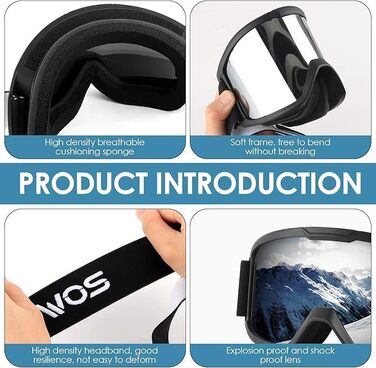 Лижні окуляри для сноубордингу з захистом UV400, антифог та OTG-дизайном для дорослих і підлітків (чорна рама, сріблясті лінзи)
