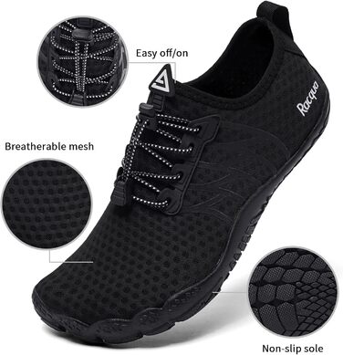 Водні черевики Raqua для жінок та чоловіків: дихаючі, швидковисихаючі, для плавання, басейну та пляжу. Розмір 39 EU, колір чорний. Модель Wz119