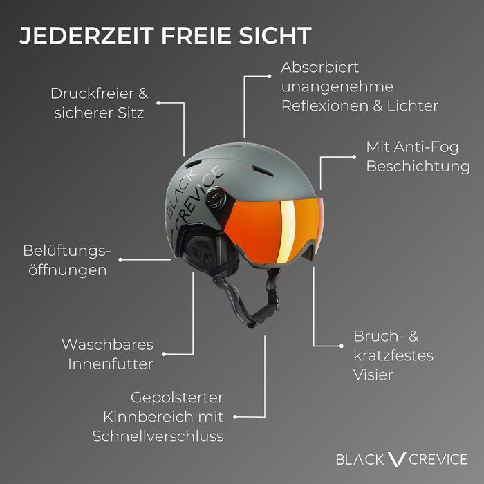 Шолом гірськолижний BLACK CREVICE Vail I з візором, чоловічий та жіночий, полікарбонат, регульований, матовий білий Carbon/чорний (M (55-58 см), матовий gun/блискучий чорний)