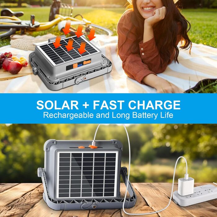 Сонячний прожектор ERAY 150W LED з акумулятором 7800mAh, 336 LED, 4 режими, 2 способи зарядки, портативний кемпінговий ліхтар та робоче освітлення для кемпінгу, гаража, надзвичайних ситуацій на відкритому повітрі, сірий