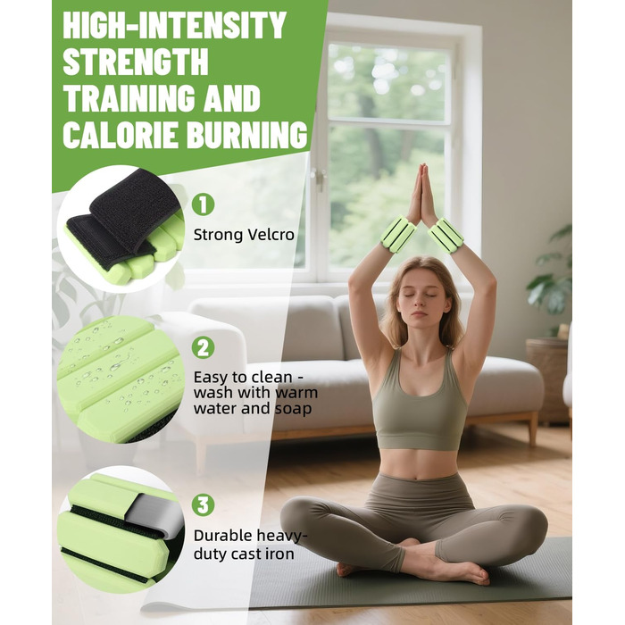 Регульовані вантажні манжети для зап'ястя (2 шт, по 0,45 кг), довговічні, портативні, для йоги, танців, пілатесу, кардіо, аеробіки, ходьби, зелені