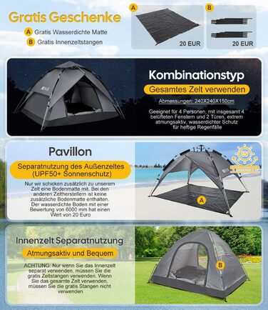 Намет для кемпінгу DEWUR 3-4 особи, водонепроникний, Pop-Up, сімейний, пляжний, павільйон, захист від сонця, UV, для трекінгу, кемпінгу, відпочинку на природі, фестивалів, зелений/темно-сірий