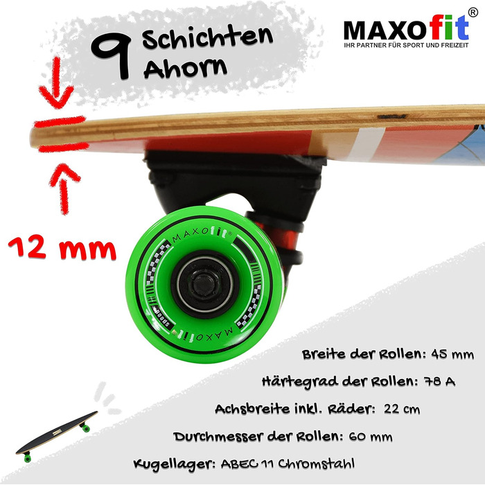 Лонгборд MAXOfit з кленовою/бамбуковою декою, різні дизайни, для початківців і досвідчених, мультяшний стиль