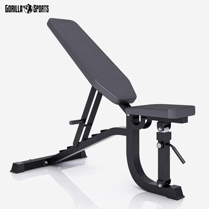 GORILLA SPORTS® універсальна лавка для жиму, сталева, чорна, 7-рівнева спинка, 5-рівневе сидіння, 140x72,5x54-138 см, багатофункціональна фітнес лава для тренувань, шраґ, плоска, негативна