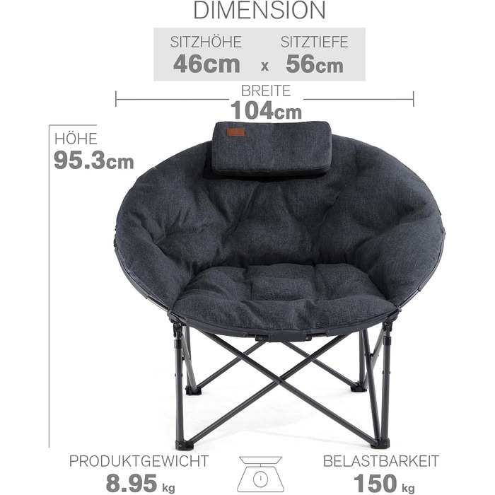 Крісло для кемпінгу EVER ADVANCED Luxus Moonchair XXL: велике, розкладне, чорне, до 150 кг, з подушкою
