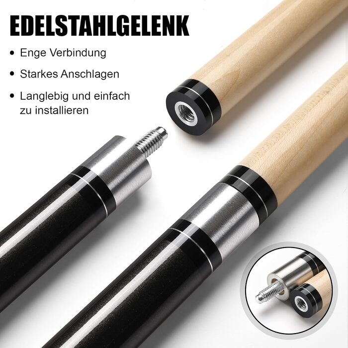 Більярдний кий Pool Queue 58 дюймів, тверде дерево, наконечники 13 мм, для професійних гравців, 1/2 кий, чорний