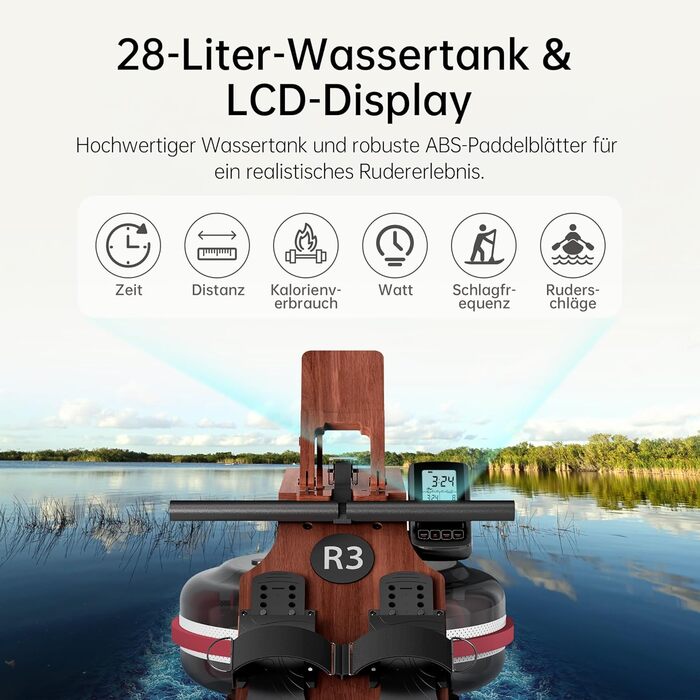 Гребний тренажер JASPORT R3 з дуба, складаний, Bluetooth LCD, сумісний з Kinomap, бак 28 л, до 150 кг, ергономічне сидіння, тримач для планшета