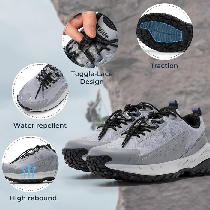 Черевики для трекінгу FitVille для чоловіків, широкі, Slip-On, Outdoor, з дихаючим матеріалом, для трейлраннінгу, з гнучкою застібкою, розмір 40-50 (42.5 EU, сірий)