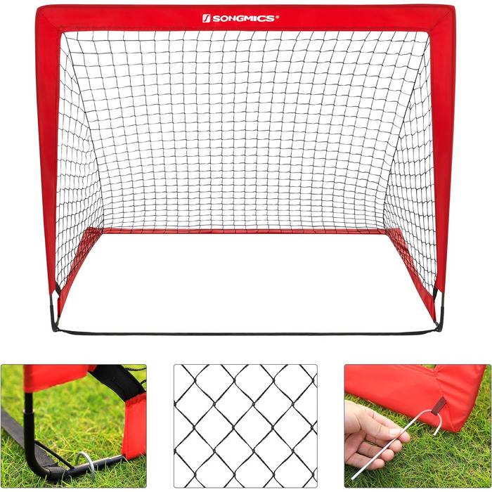 Ворота для футболу SONGMICS для дітей, 2 шт., Pop-up, 90x120x90 см, швидкий монтаж, для саду, парку, пляжу, стійки з скловолокна, Oxford-тканина та поліестерна сітка (Червоний)