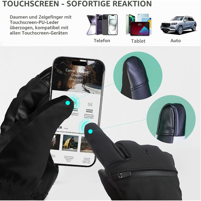 Водонепроникні гірськолижні рукавички Unigear з мембраною 3M Thinsulate, сенсорні (Touchscreen), чорні, унісекс