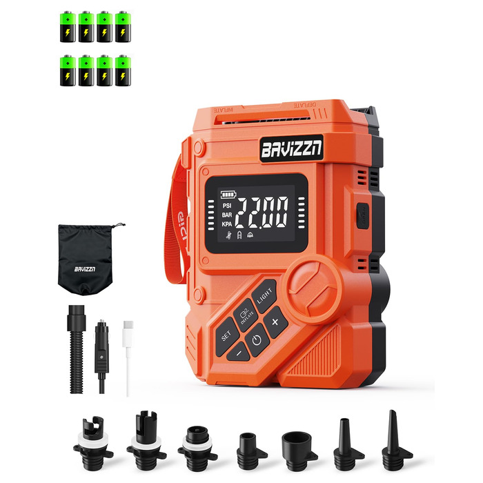 Електричний насос для SUP дошки 12V, 22 PSI, з акумулятором 59.2Wh, Type-C, 7 насадок, помаранчевий