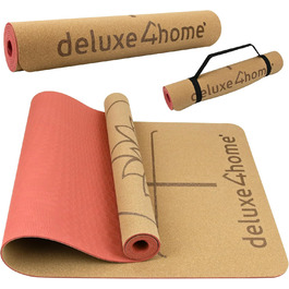 Йога мат для фітнесу Deluxe4Home® з корку, TPE, з ручкою для перенесення, з лінійками для вирівнювання, червоний