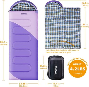 Спальний мішок для кемпінгу, дорослих, дітей та підлітків, 3-4 сезони, для холодного клімату, фіолетовий