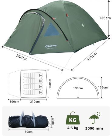Намет KingCamp для 4 особи: просторий, водонепроникний, 4-сезонний, для кемпінгу та трекінгу (зелений)