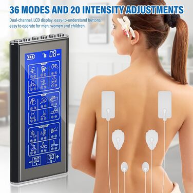 Пристрій TENS/EMS для зняття болю: 3-в-1 Reizstromgerät з 36 режимами, електрична стимуляція нервів, 2 канали, 10 електродів для рук, ніг, спини, плечей (чорний)