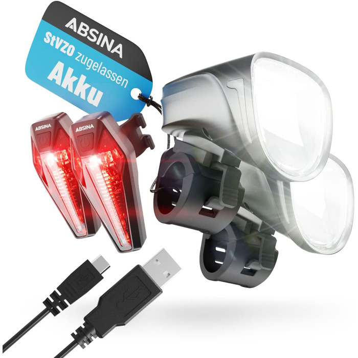LED набір велосипедних фар ABSINA, USB, 200м, 100 Люкс, StVZO, передня та задня фара, акумуляторна велосипедна лампа