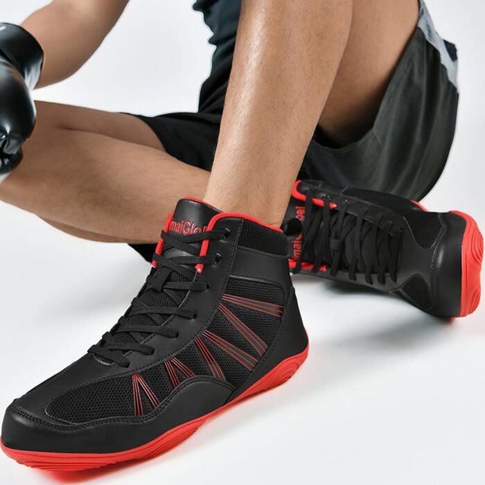 Боксерські черевики чоловічі хай-топ, професійні для тренувань, чорно-червоні (42 EU)
