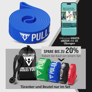 Еспандер-стрічка PULLUP & DIP Medium (синя) для фітнесу, каллістеніки, з сумкою, дверним якорем і посібником, гумова стрічка для підтягувань і тренувань