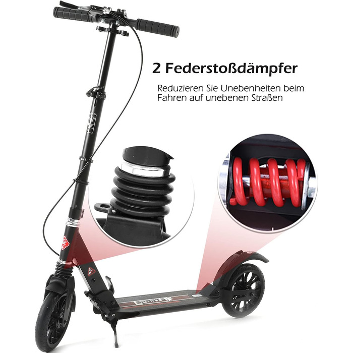 ISE Roller 200mm Big Wheel: Скутер з великим колесом 200 мм, подвійне гальмо, амортизація, складний, для дорослих та дітей, до 100 кг, з ремінним ременем та ручним гальмом, спортивний стиль