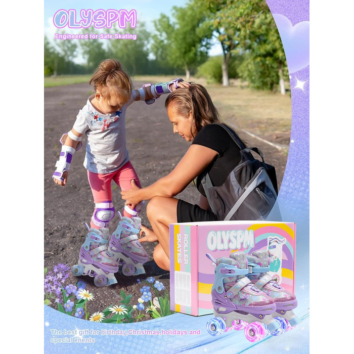 Ролики для дітей дівчаток з блискучими сердечками та світлодіодними колесами, 4-разово регульовані, ролики для початківців, ідеальний подарунок на день народження або Різдво, фіолетовий