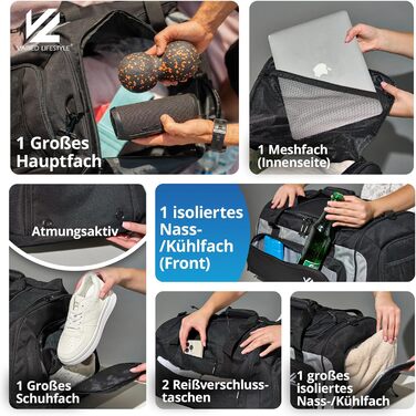 Спортивна сумка VL® з відділенням для взуття, мокрою одежі, ізольованим кульковим відділенням, сауною та туристичною сумкою для жінок та чоловіків. 50 л, чорно-сірий/чорно-срібний