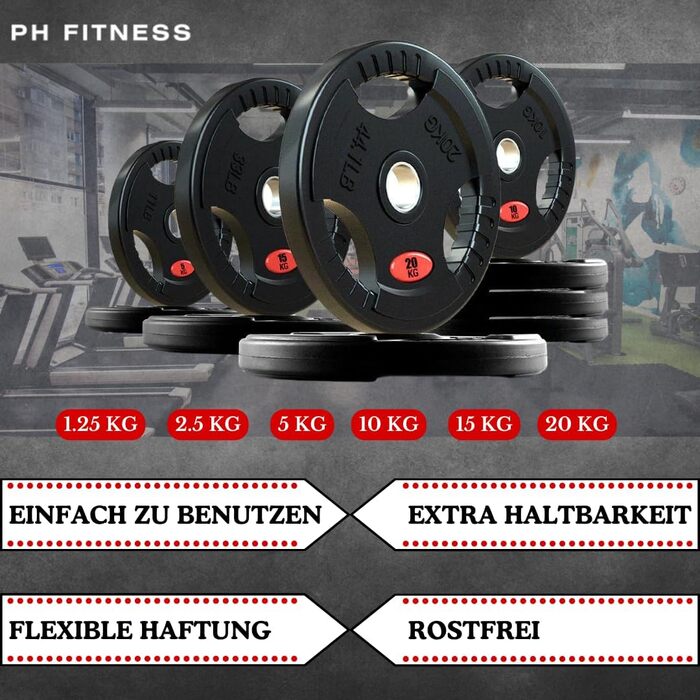 Преміум олімпійські диски PH Fitness 1.25 кг, чавунні з гумовим покриттям, трихватні, 50 мм для штанги та гантелей, набір 2 шт.