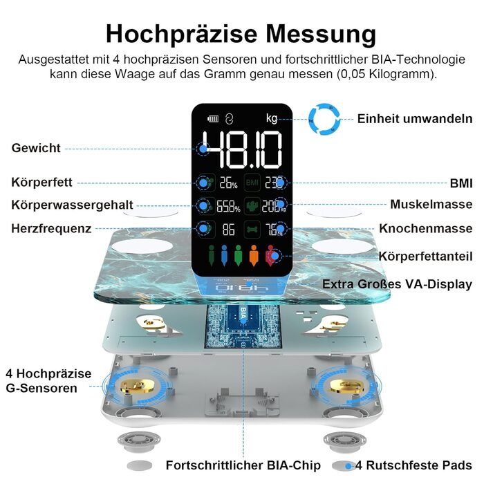 Вага для визначення жиру в тілі та аналізу складу тіла, персональна вага з визначенням жиру та м'язової маси, 15 показників, цифровий тестер, смарт-вага з додатком, великий дисплей (280 г, зелений мармур)