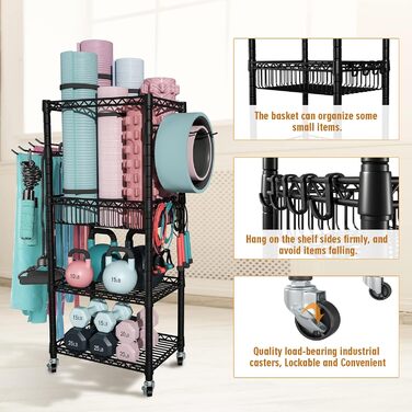 Органайзер для домашнього спортзалу FUTASSI, 3 яруси, з колесами для тренажерів, килимків, ролерів, гантелей, гир та еластичних стрічок, чорний, однорядний