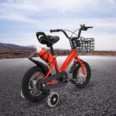 Дитяче велосипед 12 дюймів, для дітей 2-5 років з бічними колесами, тренувальний велосипед з пляшкою та кошиком, велосипед для дівчаток та хлопчиків, регульована висота, червоний