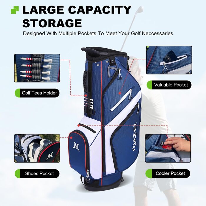 Гольф-сумка MAZEL з 6-ма перегородками, 7 водонепроникними кишенями, великим об'ємом, водонепроникним матеріалом та посиленим підпоясним ременем, легка, синього кольору