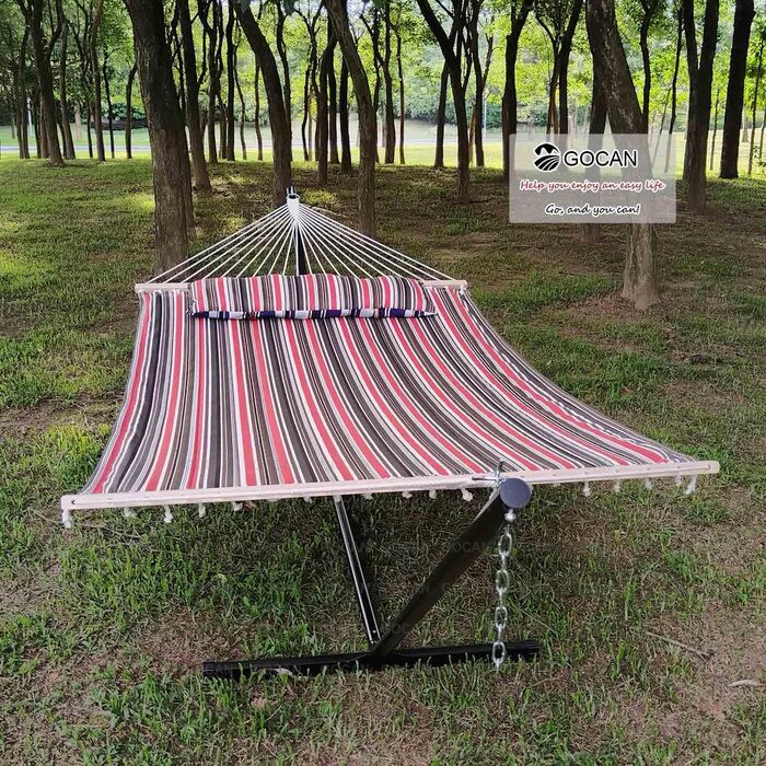 Гаммак GOCAN XXL для 2 осіб, 220x150 см, 330 см, 300 кг, бавовна, для відпочинку в саду, на балконі, в приміщенні, сірий з червоно-синіми смугами