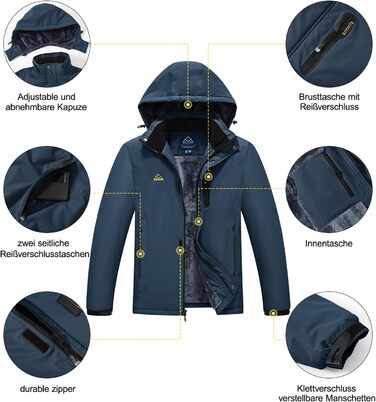 Чоловіча зимова куртка YSENTO: водонепроникна, тепла, з флісовою підкладкою, софтшелл, дихаюча, для катання на лижах та сноуборді з капюшоном (L, Джинсовий синій)