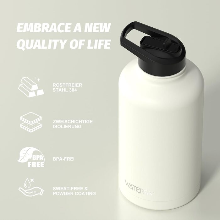 Термофляга WATERSY з нержавіючої сталі 1893 мл (40oz) з вакуумною ізоляцією та 2 кришками, герметична спортивна пляшка для води, бежева
