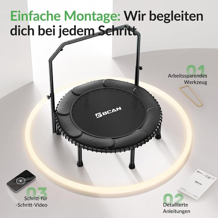 Міні-батут BCAN для дорослих, 102/122 см, до 204/250 кг, з еластичними тросами, регульованою ручкою, стабільний, тихий, для дому та вулиці, тренування всього тіла, розслаблення вдома - Зелений (102 см)