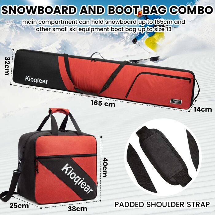Сумка для сноуборду та черевиків Kioqiear з підкладкою, до 165 см та 43 розмір, комплект з 2 сумок