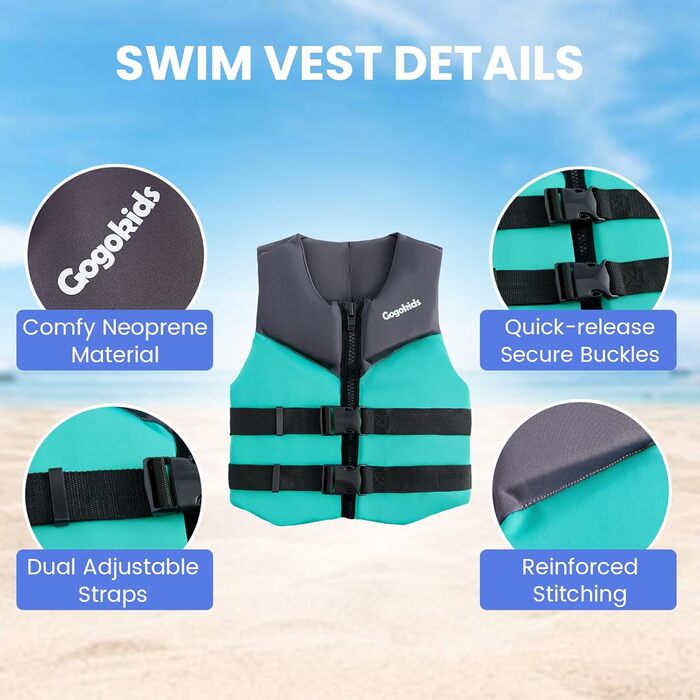 Спасальний жилет для плавання Gogokids Junior 30-50 кг, регульований, неопрен, для підлітків та юнаків, для каяку, SUP, басейну, 6-11 років (зелений)