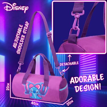 Дитяча спортивна сумка Disney Stitch, 40x20x20 см, з боковими кишенями та регульованим ременем, лілова